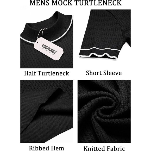 Men Black Ribbed Knit Polo Shirt Short Sleeve Slim Fit Casual Pullover Top - Picture 5 of 5